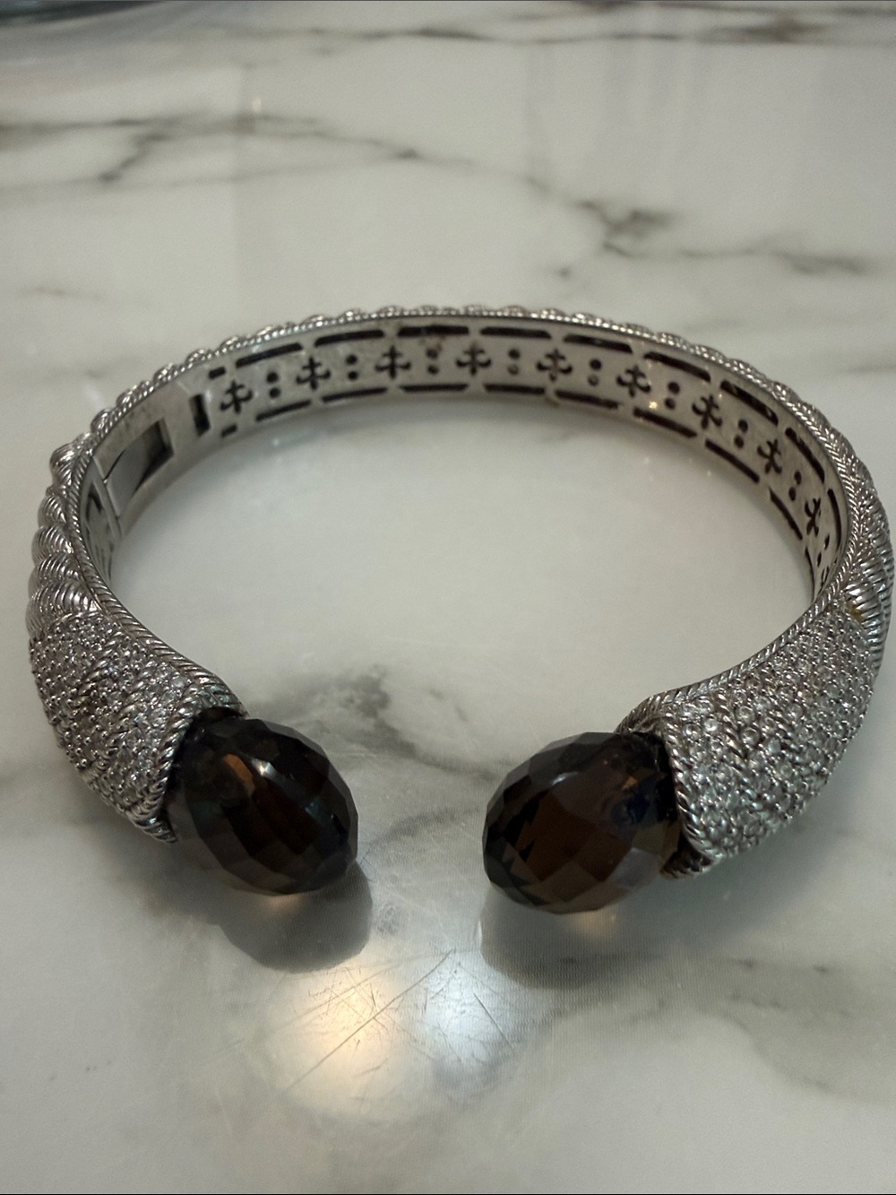 Judith Ripka Sterling silver hinged bracelet with CZs and smoky quartz orbs